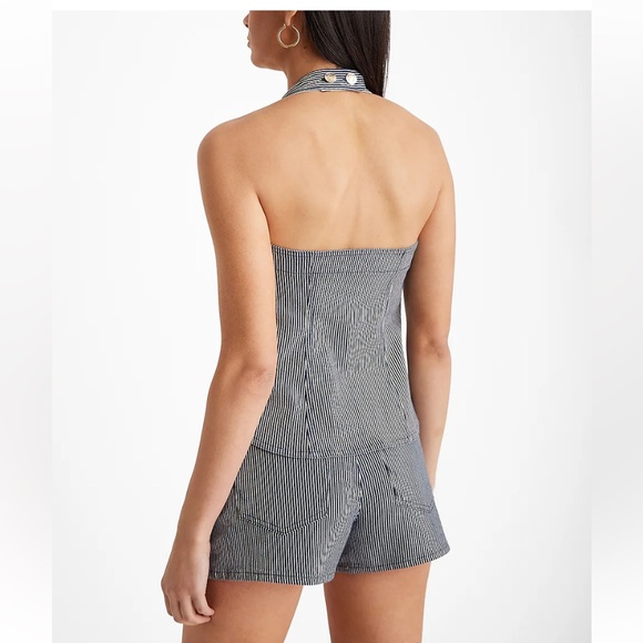 Brand New Express Denim Striped Halter Neck Novelty Button Top - Picture 3 of 8